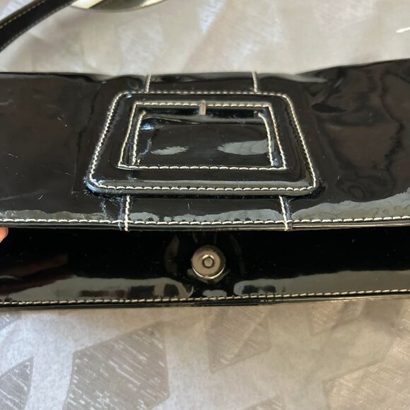 Ladies Sleek Black Dinner Purse/Bag with a Faux Buckle, There's Clasp Underneath - Picture 5 of 16